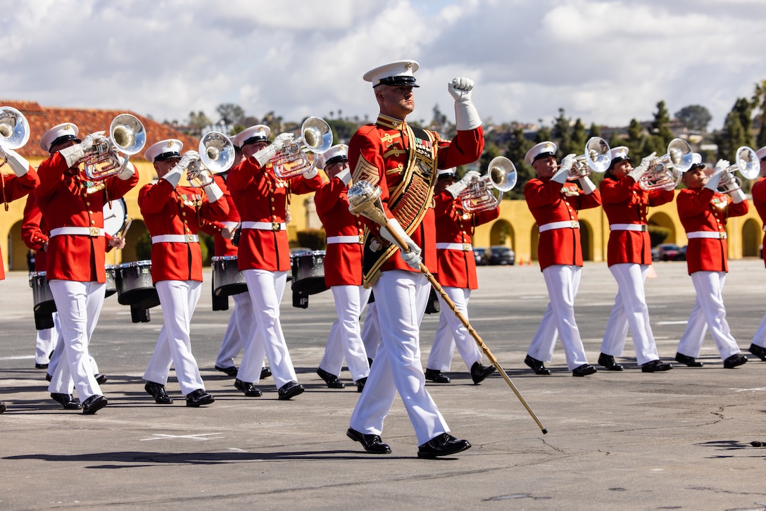 “The Commandant’s Own”, U.S. Marine Drum and Bugle Corps performs at Marine Corps Recruit Depot San Diego as a part of the Marine Corps Battle Color Ceremony, Mar. 7, 2025. The Battle Color Detachment consists of "The Commandant's Own," the United States Marine Corps Silent Drill Platoon, and the United States Marine Corps Color Guard. (U.S. Marine Corps photo by LCpl Prelle)