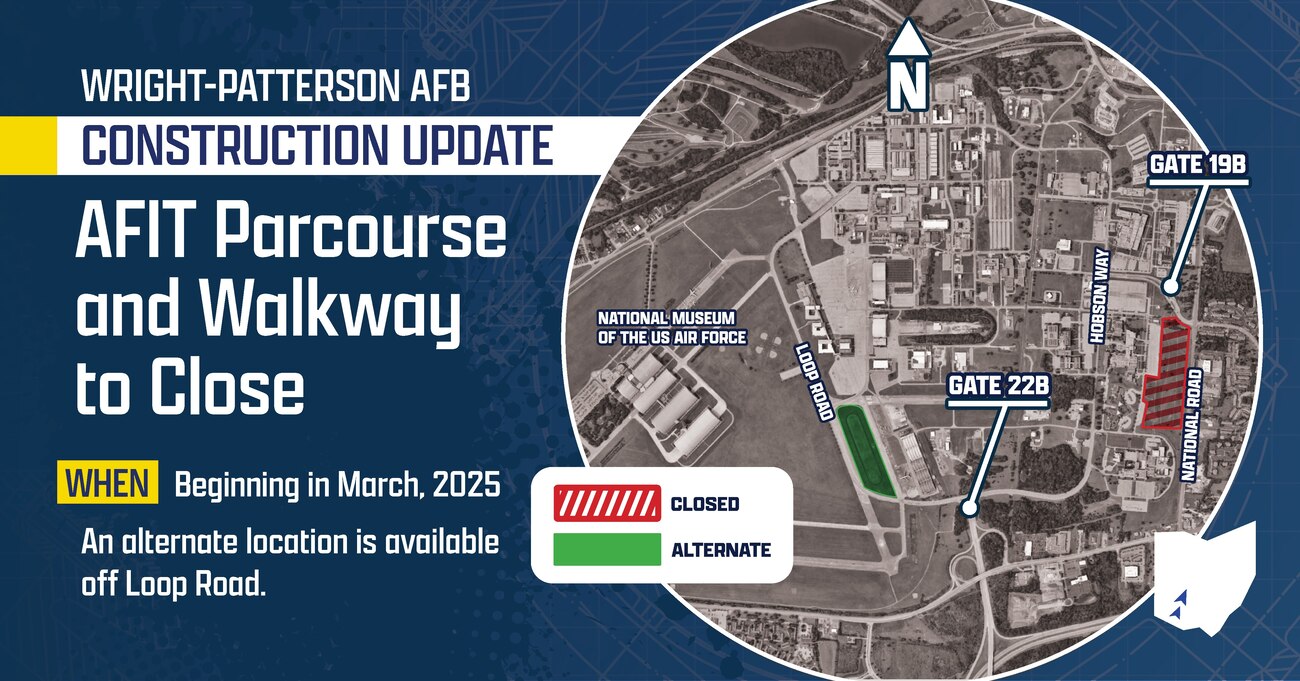 The walking track and parcourse located east of the Air Force Institute of Technology and between National Rd. will be permanently closed as part of a new office park development. The site has been leased to Synergy through an Enhanced Use Lease Agreement. Construction, set to begin in March 2025, will include the creation of low-rise office buildings for commercial use, along with a new perimeter fence to allow public access to the area.