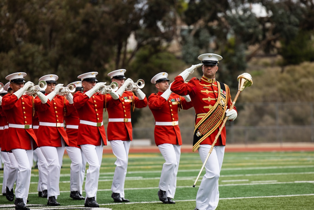 “The Commandant’s Own”, U.S. Marine Drum and Bugle Corps performs at Patrick Henry High School as a part of the Marine Corps Battle Color Ceremony, Mar. 11, 2025. The Battle Color Detachment consists of "The Commandant's Own," the United States Marine Corps Silent Drill Platoon, and the United States Marine Corps Color Guard. This ceremony showed high school students and potential future Marines the pride, professionalism, and esprit de corps that are hallmarks of the United States Marines. (U.S. Marine Corps photo by LCpl Prelle)