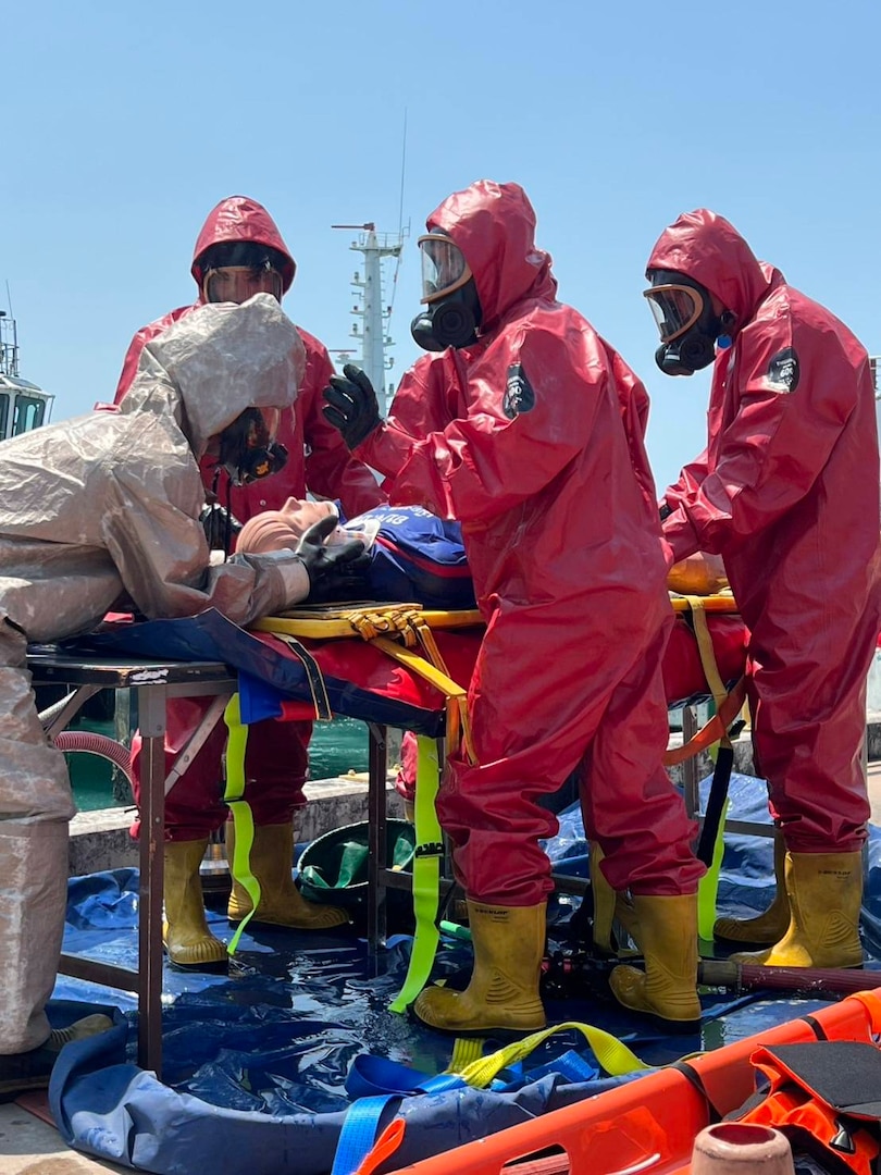 Port of Laem Chabang medical and decontamination team runs through a training exercise at the port in Thailand March 9, 2025.