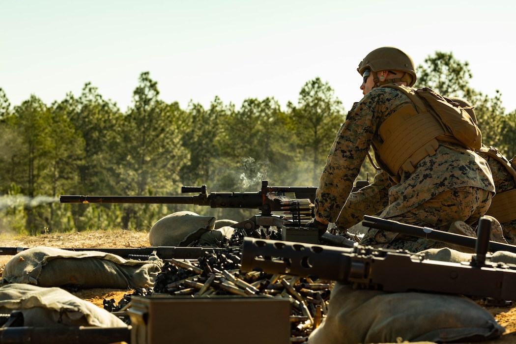 U.S. Marine Corps Sgt. Daniel Felton, a fiscal clerk with Marine Forces Reserve adjusts the fire from an M2 machine gun during a field exercise on Camp Shelby Joint Forces Training Center, Mississippi, March 11, 2025. MARFORRES Marines conducted the exercise to maintain proficiency in warfighting, communication and leadership skills common to all Marines. (U.S. Marine Corps photo by Lance Cpl. Van Hoang)