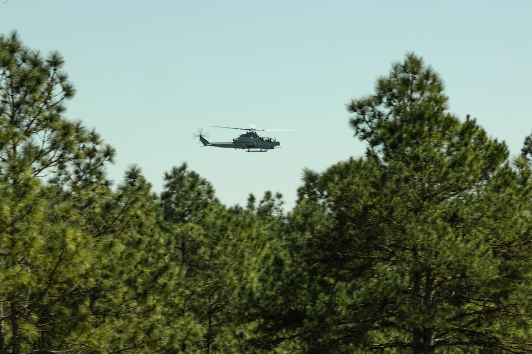 A U.S. Marine Corps UH-1Y Venom utility helicopter, with Marine Light Attack Helicopter Squadron (HMLA) 773, 4th Marine Aircraft Wing, Marine Forces Reserve, maneuvers to conduct live-fire shooting drills during a field exercise on Camp Shelby Joint Forces Training Center, Mississippi, March 11, 2025. MARFORRES Marines conducted the exercise to maintain proficiency in warfighting, communication and leadership skills common to all Marines. (U.S. Marine Corps photo by Lance Cpl. Van Hoang)