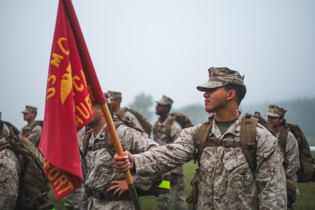 U.S. Marine Corps Cpl. Mark Rivera, air traffic control communications technician, Headquarters and Headquarters Squadron, Marine Corps Air Station (MCAS) Beaufort, participates in a hike at MCAS Beaufort, South Carolina, Nov. 8, 2024. The hike was to celebrate the Marine Corps birthday, honor the history, and embody the physical and mental resilience of the Marine Corps. (U.S. Marine Corps photo by Cpl. Mason Coots)