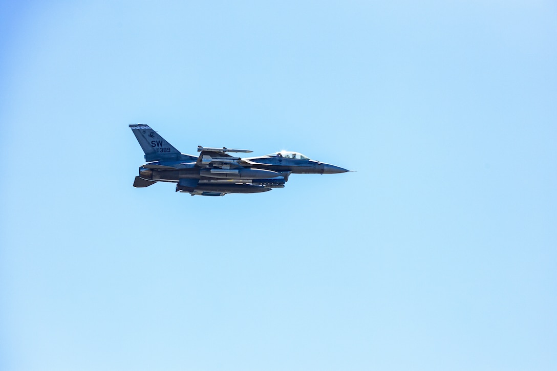 A U.S. Air Force F-16 fighting falcon shoots rockets as a part of a Range Environmental Vulnerability Assessment (REVA) for the Natural Resources and Environmental Affairs Office at Townsend Bombing Range (TBR), Georgia, Feb. 28, 2025. REVA is a U.S. Marine Corps program that assesses the potential for munitions constituents to migrate off-range and pose risks to human health or the environment, supporting sustainable range management. (U.S. Marine Corps photo by Lance Cpl. Julius Hackney)