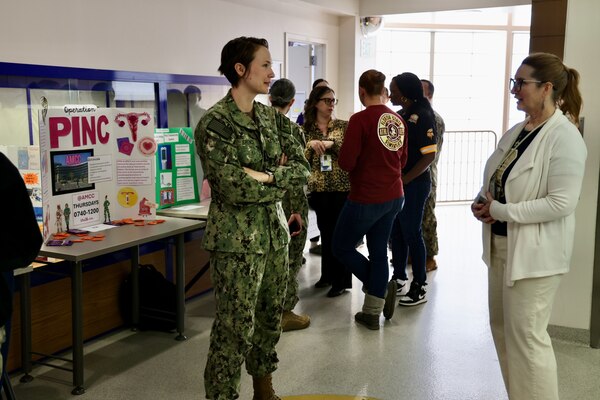 Sailors and staff at Navy Medicine Readiness and Training Command (NMRTC) Twentynine Palms showcase innovative projects aimed at enhancing patient care, streamlining operations, and improving efficiency during the 10th Annual Process Improvement Fair on March 14, 2025. The event highlighted 15 projects across multiple departments, with top honors awarded to initiatives focused on warehouse optimization, medical readiness assessments, and supply management (U.S. Navy photo by Christopher C. Jones, NHTP/NMRTC Twentynine Palms public affairs officer).