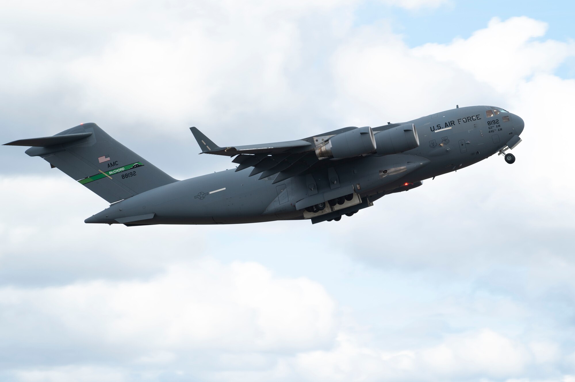 A U.S. Air Force C-17 Globemaster III takes off from Joint Base Lewis-McChord, Washington, March 18, 2025.