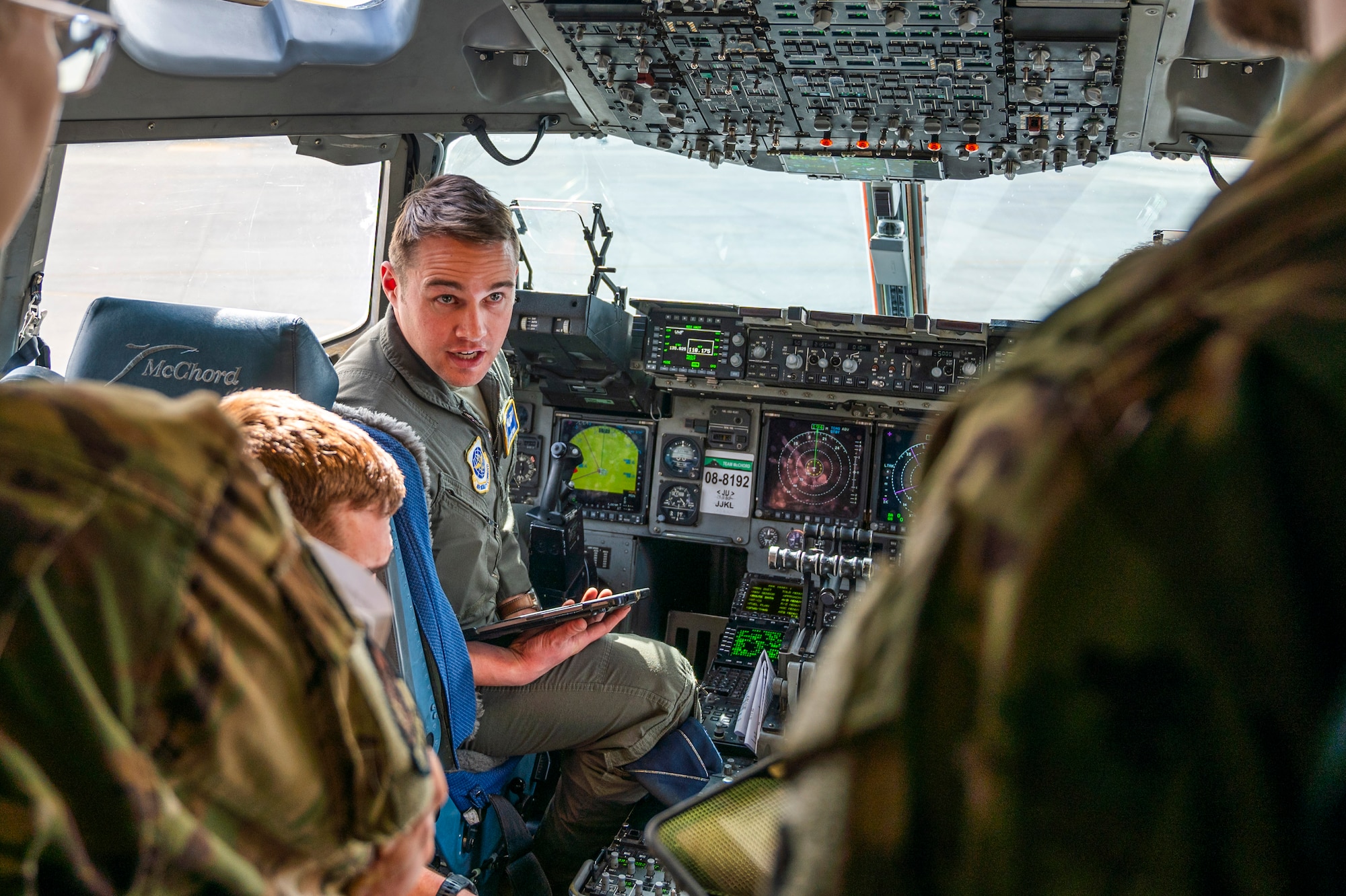 U.S. Air Force Capt. Andrew Lichtsinn, 7th Airlift Squadron pilot, performs preflight checks at Joint Base Lewis-McChord, Washington, March 18, 2025.