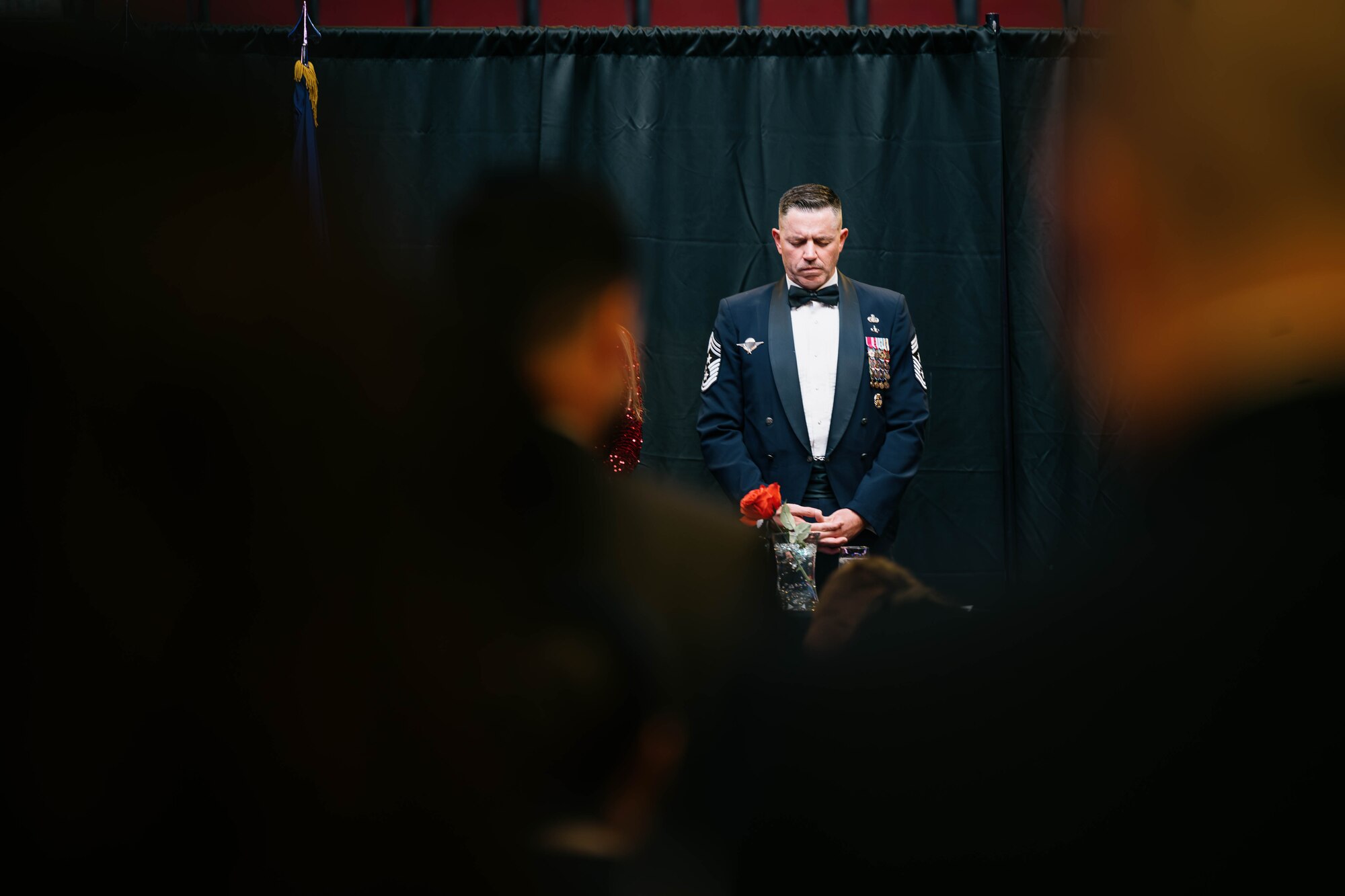 U.S. Air Force Chief Master Sgt. Jason Shaffer, 56th Fighter Wing command chief, bows his head for an invocation at the 56th Fighter Wing 2025 Dining Out.