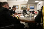 Acting Chief of Naval Operations Adm. James Kilby meets with Commander, Royal Canadian Navy Vice Adm. Angus Topshee, for an office call at the Pentagon in support of Partners in Defense, March 21, 2025. The two leaders reaffirmed their commitment to a strong, bilateral defense partnership and discussed ways to strengthen naval operations, emphasizing alignment on approaches to emerging maritime challenges, particularly in the Arctic. (U. S. Navy Photo by Mass Communication Specialist 1st Class Vanessa White/Released)