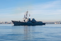 NAVAL BASE SAN DIEGO (Dec. 19, 2024) The Arleigh Burke-class guided-missile destroyer USS Spruance (DDG 111) returns to its homeport of San Diego Dec. 19, 2024. Spruance, assigned to Abraham Lincoln Carrier Strike Group, was underway conducting routine operations in the U.S. 3rd Fleet area of operations. As an integral part of U.S. Pacific Fleet, U.S. 3rd Fleet operates naval forces in the Indo-Pacific in addition to providing realistic and relevant training necessary to flawlessly execute our Navy's timeless roles of sea control and power projection. U.S. 3rd Fleet works in close coordination with other numbered fleets to provide commanders with capable, ready forces to deploy forward and win in day-to-day competition, in crisis, and in conflict. (U.S. Navy photo by Mass Communication Specialist 1st Class Claire M. Alfaro)