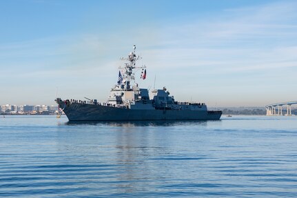 NAVAL BASE SAN DIEGO (Dec. 19, 2024) The Arleigh Burke-class guided-missile destroyer USS Spruance (DDG 111) returns to its homeport of San Diego Dec. 19, 2024. Spruance, assigned to Abraham Lincoln Carrier Strike Group, was underway conducting routine operations in the U.S. 3rd Fleet area of operations. As an integral part of U.S. Pacific Fleet, U.S. 3rd Fleet operates naval forces in the Indo-Pacific in addition to providing realistic and relevant training necessary to flawlessly execute our Navy's timeless roles of sea control and power projection. U.S. 3rd Fleet works in close coordination with other numbered fleets to provide commanders with capable, ready forces to deploy forward and win in day-to-day competition, in crisis, and in conflict. (U.S. Navy photo by Mass Communication Specialist 1st Class Claire M. Alfaro)