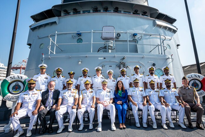 Adm. Samuel J. Paparo, commander of U.S. Indo-Pacific Command, Ambassador Julie Chung, U.S. Ambassador to Sri Lanka, Vice Adm. Kanchana Banagoda, commander of the Sri Lankan Navy, take a group photo aboard Sri Lanka Navy Ship (SLNS) Vijayabahu, a former U.S. Coast Guard cutter donated to Sri Lanka, during a visit to Colombo, Sri Lanka, March 21, 2025. The trip reaffirmed the partnership between the U.S. and Sri Lanka, which has contributed to regional security through military cooperation founded on robust people-to-people ties for more than 75 years. USINDOPACOM is committed to enhancing stability in the Indo-Pacific region by promoting security cooperation, encouraging peaceful development, responding to contingencies, deterring aggression and, when necessary, prevailing in conflict. (U.S. Navy photo by Chief Mass Communication Specialist Shannon M. Smith)