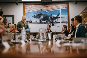 U.S. Air Force Lt. Col. John Marshall, 56th Civil Engineer Squadron commander, briefs Arizona Legislative representatives on funding requests.