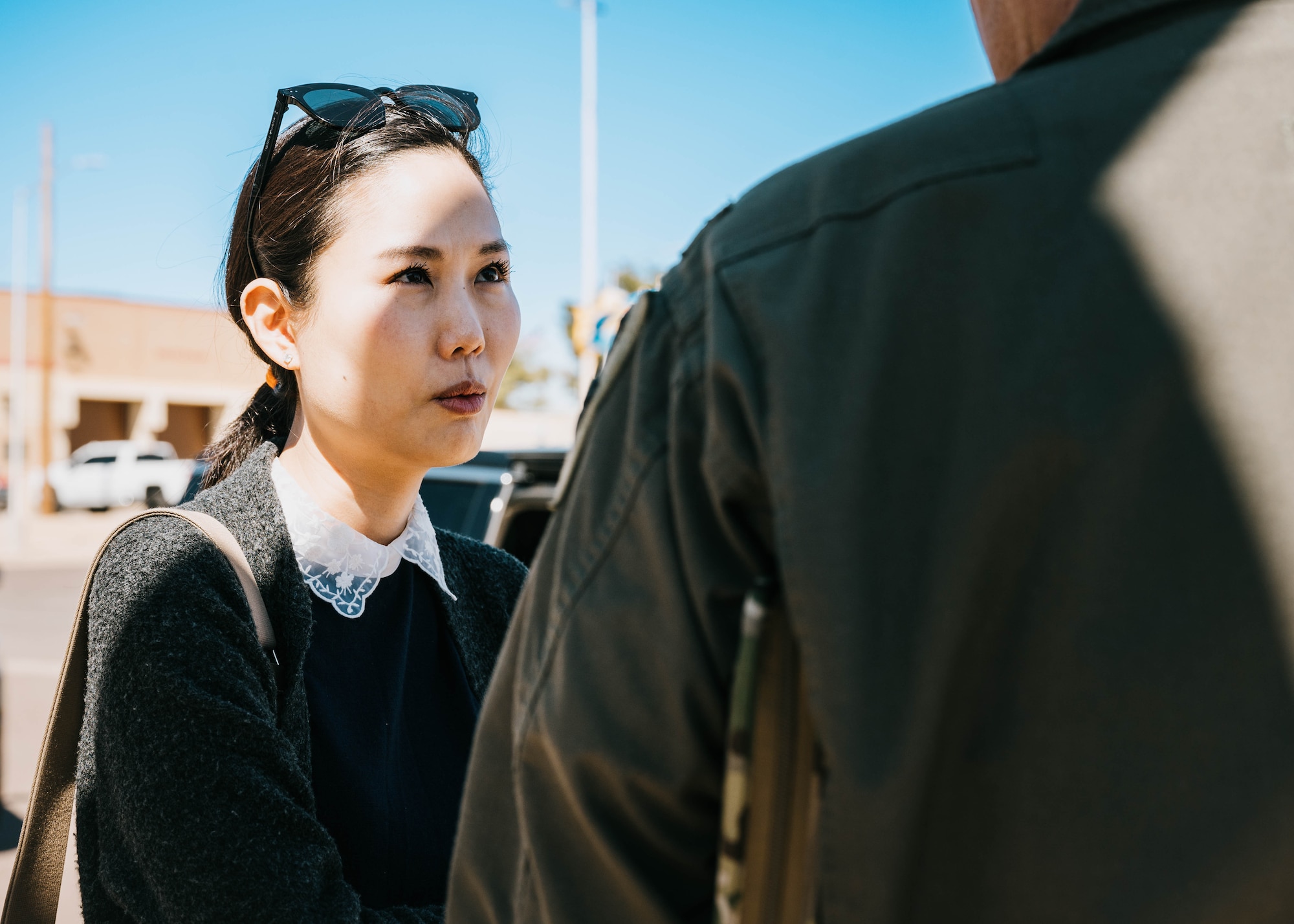 Dr. Jooeun Kim, Arizona Senator Mark Kelly’s National Security Advisor, speaks to 56th Fighter Wing leadership before the conclusion of her and her team’s base tour.