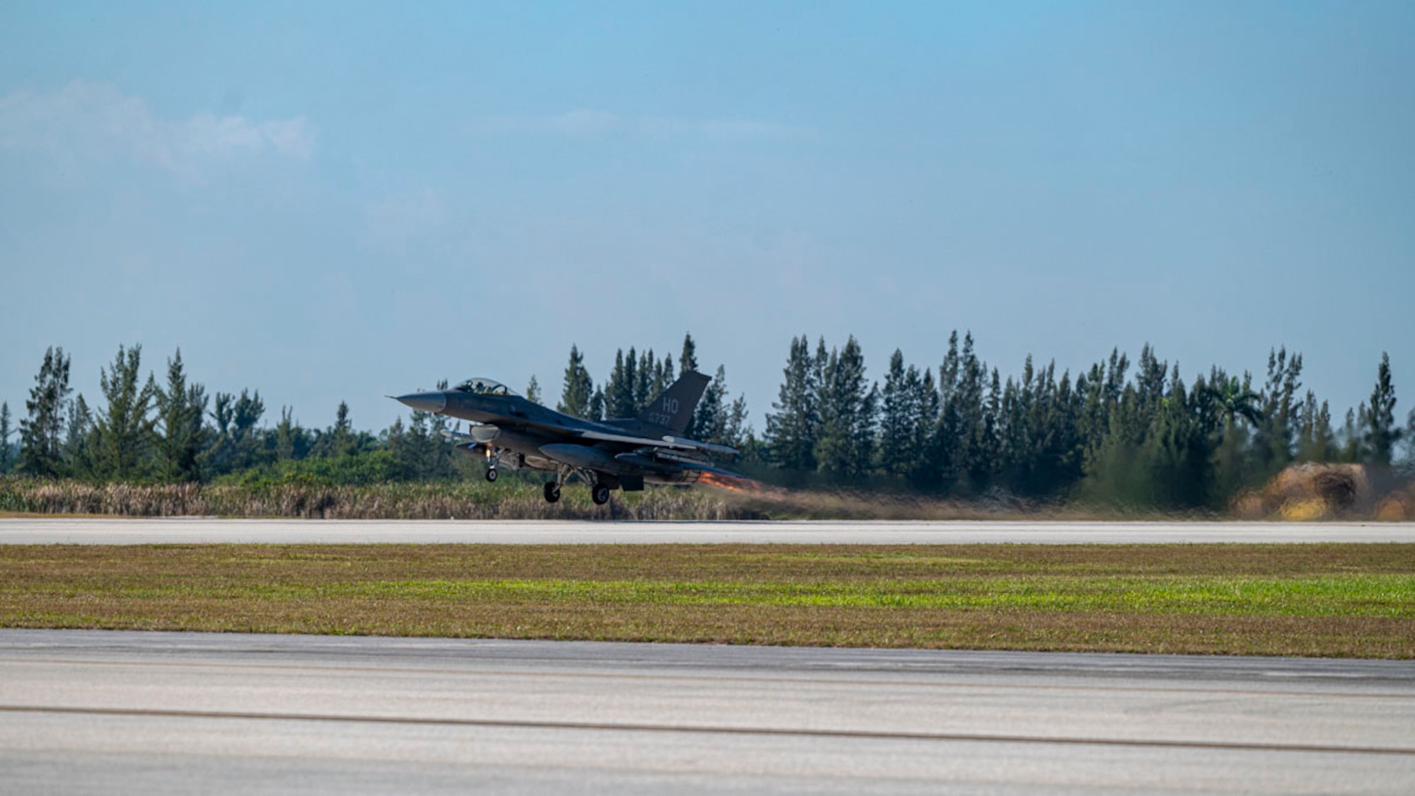 A U.S. Air Force F-16 Fighting Falcon assigned to the 8th Fighter Squadron, Holloman Air Force Base, New Mexico, lifts off from the runway at Homestead Air Reserve Base, Florida, March 15, 2025. The deployment offered Airmen the chance to work alongside multiple units and branches, gaining cross-service training and real-world experience, which will be crucial for future deployments and ensuring mission success. (U.S. Air Force photo by Senior Airman Michelle Ferrari)