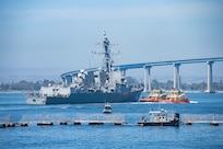 The Arleigh Burke-class guided-missile destroyer USS Spruance (DDG 111) transits San Diego Bay for a scheduled employment to the U.S. Northern Command area of responsibility Mar. 22, 2025.
