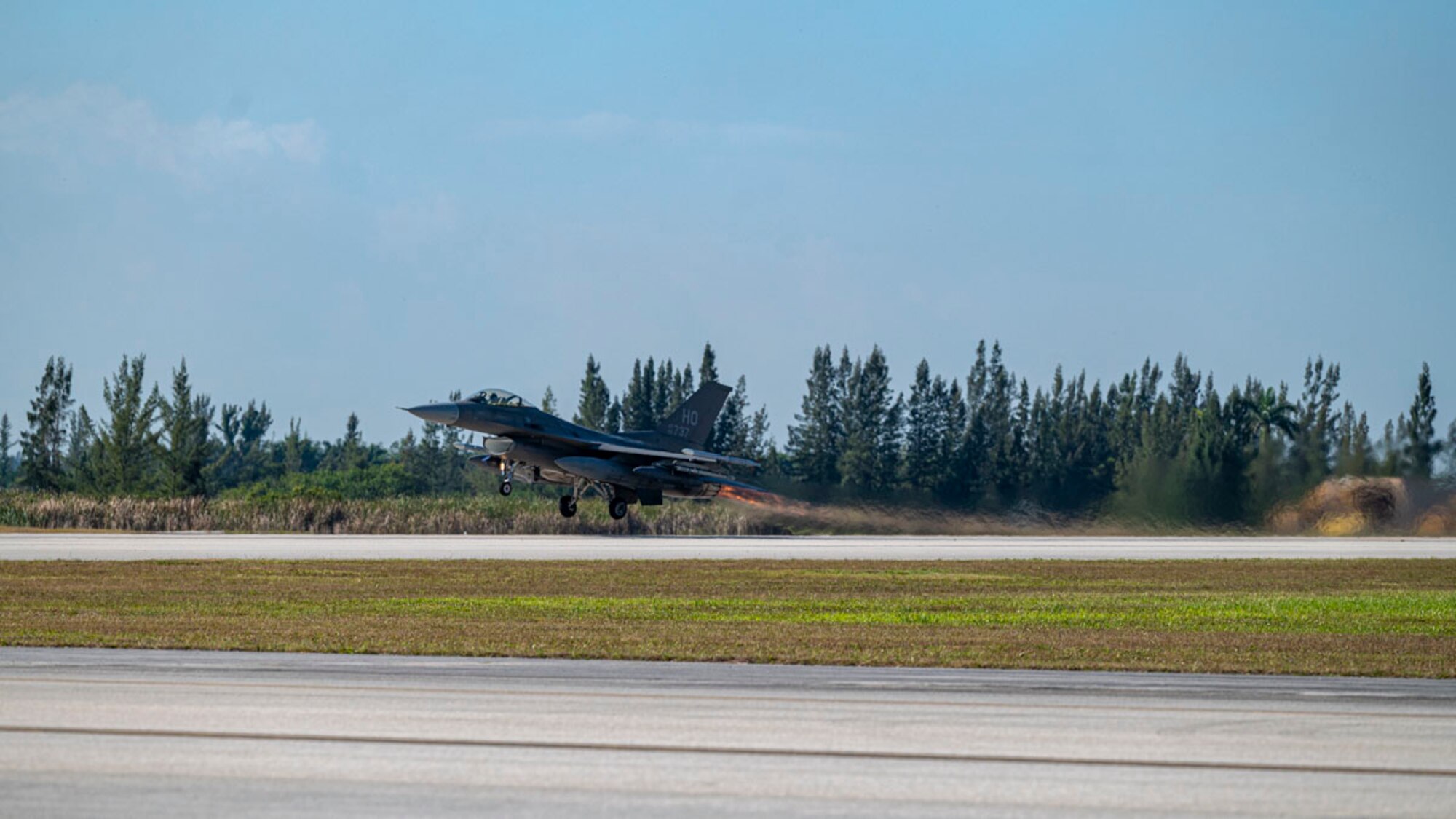 A U.S. Air Force F-16 Fighting Falcon assigned to the 8th Fighter Squadron, Holloman Air Force Base, New Mexico, lifts off from the runway at Homestead Air Reserve Base, Florida, March 15, 2025. The deployment offered Airmen the chance to work alongside multiple units and branches, gaining cross-service training and real-world experience, which will be crucial for future deployments and ensuring mission success. (U.S. Air Force photo by Senior Airman Michelle Ferrari)