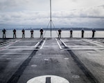 Sailors man the rails on the flight deck of the aircraft carrier USS Nimitz (CVN 68) in the Puget Sound after getting underway for a regularly scheduled Indo-Pacific deployment, March 21, 2025. An integral part of U.S. Pacific Fleet, U.S. 3rd Fleet operates naval forces in the Indo-Pacific and provides the realistic and relevant training to ensure the readiness necessary to execute the U.S. Navy’s timeless role across the full spectrum of military operations. (U.S. Navy photo by Mass Communication Specialist 2nd Class Hannah Kantner)