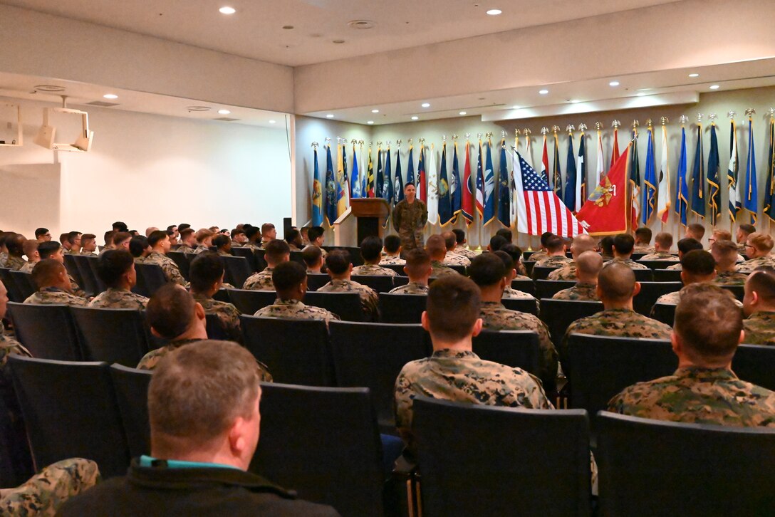 U.S. Marine Corps Sgt. Maj. Carlos A. Ruiz, the sergeant major of the Marine Corps, visited Marines, sailors, and staff at Combined Arms Training Center, Camp Fuji, Japan, March 21, 2025. It is his fourth visit to the INDOPACOM as the SMMC. Ruiz offered his perspective about how each Marine could be a better version of themselves, to a captivated audience. (U.S. Marine Corps photo by Song Jordan)