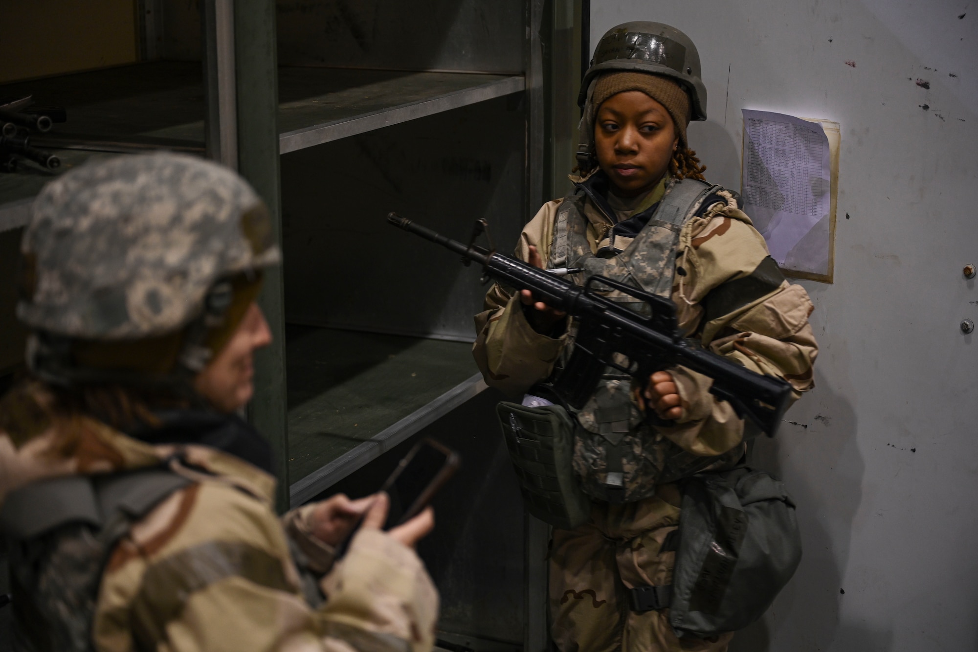 Airman 1st Class Savannah Bailey, 8th Force Support Squadron food service apprentice, distributes weapons in support of Freedom Shield 25 at Gwangju Air Base, Republic of Korea.