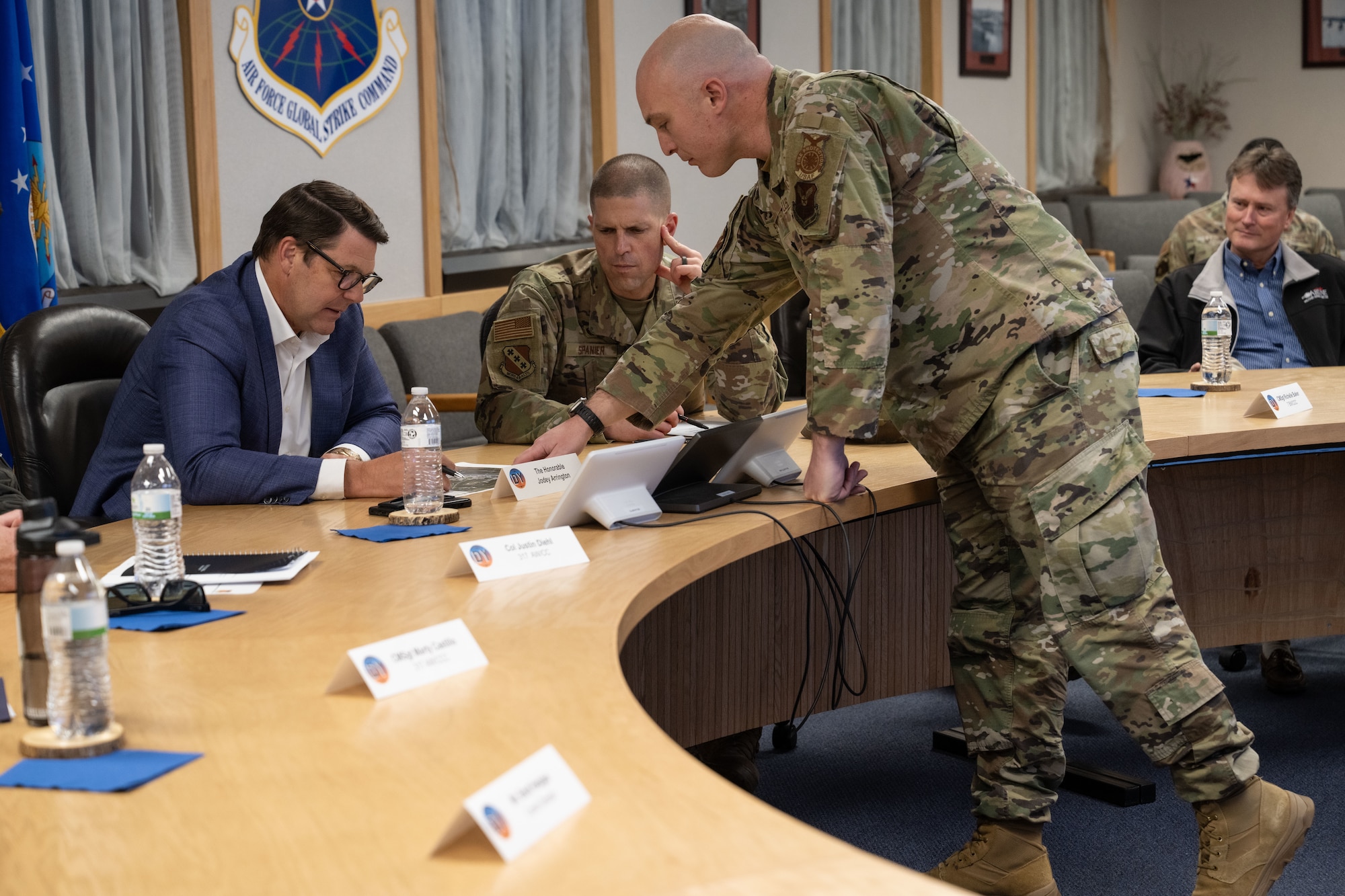 Lt. Col. Thomas Synovec, 7th Civil Engineer Squadron commander, provides a briefing about base entry control points to Congressman Jodey Arrington at Dyess Air Force Base, Texas, March 19, 2025. Modernizing base infrastructure is essential to maintaining the safety and security of our base and Airmen. (U.S. Air Force photo by Senior Airman Emma Anderson)