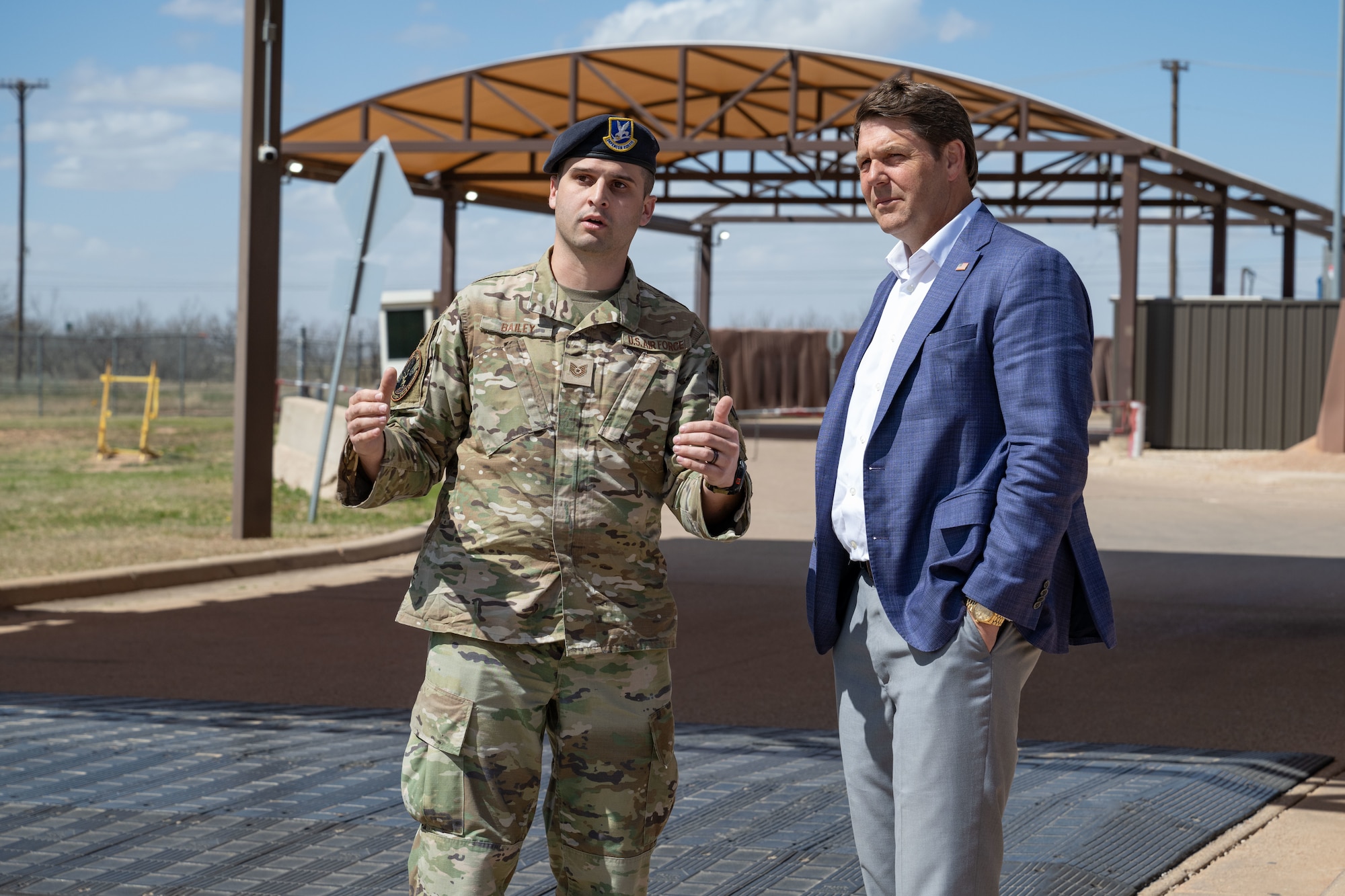 Tech. Sgt. Anthony Bailey, 7th Security Forces Squadron flight sergeant, briefs Congressman Jodey Arrington about the status of base entry control points at Dyess Air Force Base, Texas, March 19, 2025. Arrington is the U.S. representative for Texas’s 19th congressional district, which includes a large slice of West Texas, centered around Lubbock and Abilene. (U.S. Air Force photo by Senior Airman Emma Anderson)