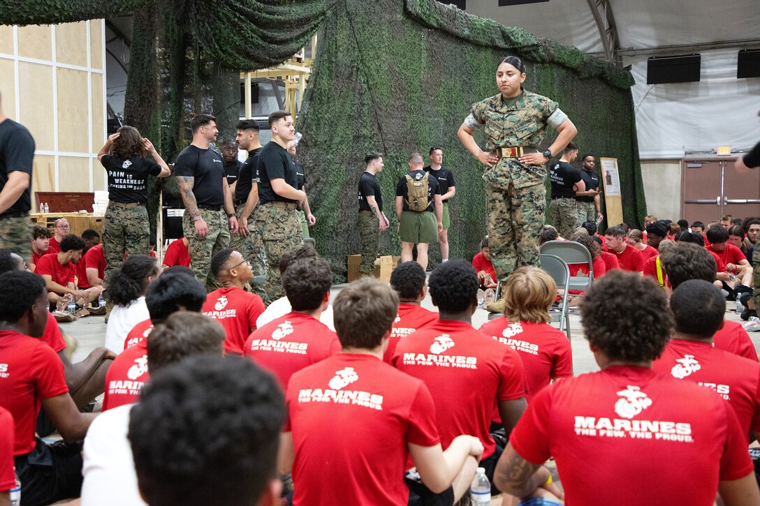 Sgt. Nataly Azanzamontoya, drill instructor from Marine Corps Recruit Depot Parris Island, prepares individuals scheduled for boot camp during a Marine Corps Recruiting Station Jacksonville pool function March 22 at Marine Corps Support Facility Blount Island in Jacksonville, Florida. Roughly 275 young men and women from across Florida and Georgia participated in the annual event, designed to assess the physical and mental readiness of future recruits before they ship to boot camp.
