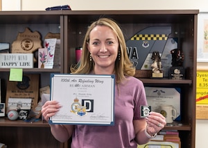 Amanda Kirby, 100th Force Support Squadron human resources specialist, poses for a photo after being recognized as the 100th Air Refueling Wing’s ReaDy Airman of the Week at RAF Mildenhall, England, March 20, 2025.