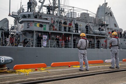 KOBE, Japan (March, 24 2025) – USS Warrior pulls into port at Kobe, Japan.