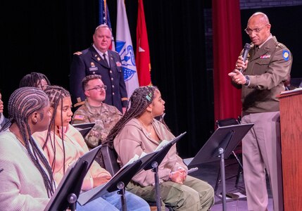 Maj. Gen. Rodney Boyd, The Adjutant General of Illinois, and Commander of the Illinois National Guard, encourages students from the Walter H. Dyett High School for Fine Arts in Chicago to not let money be the reason they don’t pursue a future in music during the third annual Captain Walter H. Dyett award ceremony March 19.