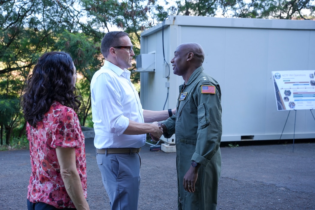 Rear Adm. Stephen Barnett, commander, Navy Closure Task Force-Red Hill (NCTF-RH) greets Josh Cook, Region 9 administrator, U.S. Environmental Protection Agency, before a site visit to the Red Hill Bulk Fuel Storage Facility (RHBFSF) in Honolulu, March 22, 2025. Charged with the safe decommissioning of the facility, NCTF-RH was established by the Department of the Navy as a commitment to the community and the environment, and continues to engage with the people of Hawaii, regulatory agencies, and other stakeholders as it safely and deliberately decommissions the RHBFSF. (U.S. Navy photo by Mass Communication Specialist Seaman Krystal Diaz)
