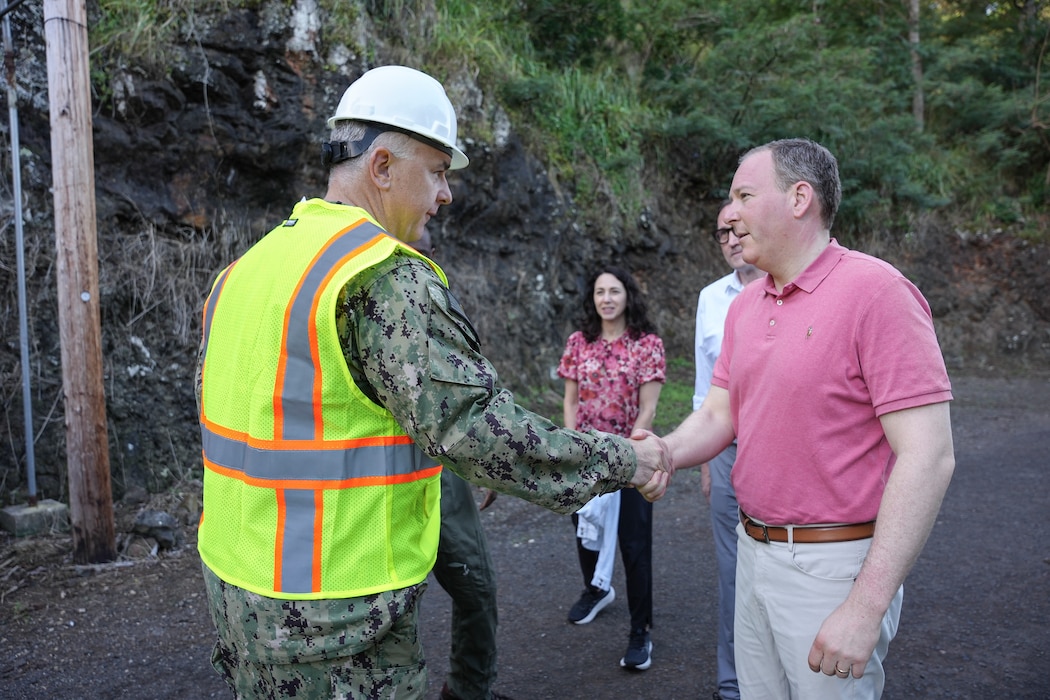 Capt. Kevin McCormick, chief of staff, Navy Closure Task Force-Red Hill (NCTF-RH) greets Lee Zeldin, 17th administrator, U.S. Environmental Protection Agency, before a site visit to the Red Hill Bulk Fuel Storage Facility (RHBFSF) in Honolulu, March 22, 2025. Charged with the safe decommissioning of the facility, NCTF-RH was established by the Department of the Navy as a commitment to the community and the environment, and continues to engage with the people of Hawaii, regulatory agencies, and other stakeholders as it safely and deliberately decommissions the RHBFSF. (U.S. Navy photo by Mass Communication Specialist Seaman Krystal Diaz)