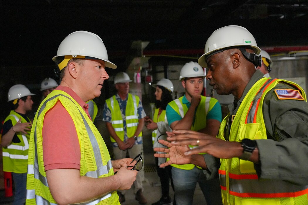 Rear Adm. Stephen Barnett, commander, Navy Closure Task Force-Red Hill (NCTF-RH) speaks with Lee Zeldin 17th administrator, U.S. Environmental Protection Agency, during a site visit to the Red Hill Bulk Fuel Storage Facility (RHBFSF) in Honolulu, March 22, 2025. Charged with the safe decommissioning of the facility, NCTF-RH was established by the Department of the Navy as a commitment to the community and the environment, and continues to engage with the people of Hawaii, regulatory agencies, and other stakeholders as it safely and deliberately decommissions the RHBFSF. (U.S. Navy photo by Mass Communication Specialist Seaman Krystal Diaz)