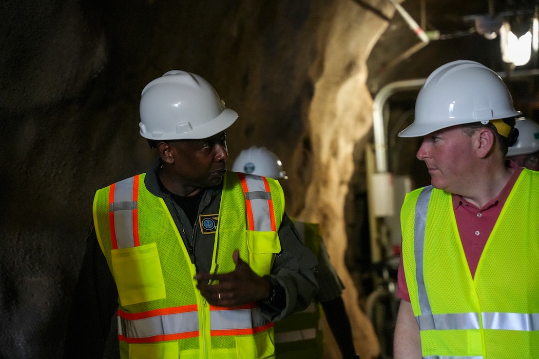 Rear Adm. Stephen Barnett, commander, Navy Closure Task Force-Red Hill (NCTF-RH) speaks with Lee Zeldin, 17th administrator, U.S. Environmental Protection Agency, during a site visit to the Red Hill Bulk Fuel Storage Facility (RHBFSF) in Honolulu, March 22, 2025. Charged with the safe decommissioning of the facility, NCTF-RH was established by the Department of the Navy as a commitment to the community and the environment, and continues to engage with the people of Hawaii, regulatory agencies, and other stakeholders as it safely and deliberately decommissions the RHBFSF. (U.S. Navy photo by Mass Communication Specialist Seaman Krystal Diaz)