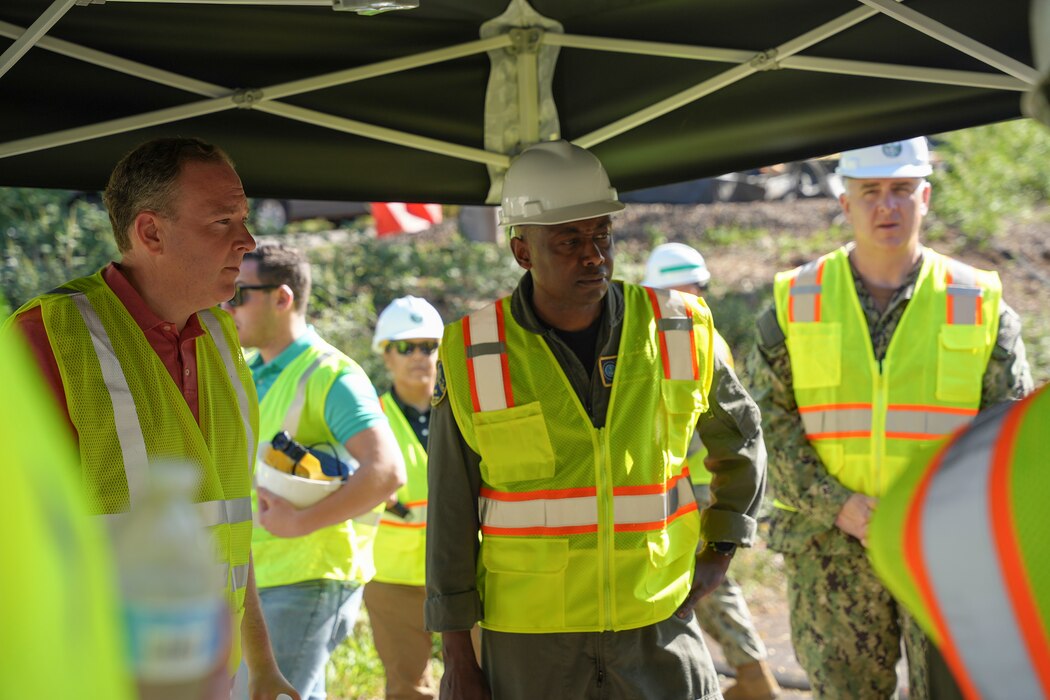 Rear Adm. Stephen Barnett, commander, Navy Closure Task Force-Red Hill (NCTF-RH) and Lee Zeldin, 17th administrator, U.S. Environmental Protection Agency, receive an operations update on the Red Hill Bulk Fuel Storage Facility (RHBFSF) during a site visit in Honolulu, March 22, 2025. Charged with the safe decommissioning of the facility, NCTF-RH was established by the Department of the Navy as a commitment to the community and the environment, and continues to engage with the people of Hawaii, regulatory agencies, and other stakeholders as it safely and deliberately decommissions the RHBFSF. (U.S. Navy photo by Mass Communication Specialist Seaman Krystal Diaz)