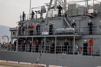 KOBE, Japan (March, 24 2025) – USS Warrior pulls into port at Kobe, Japan.