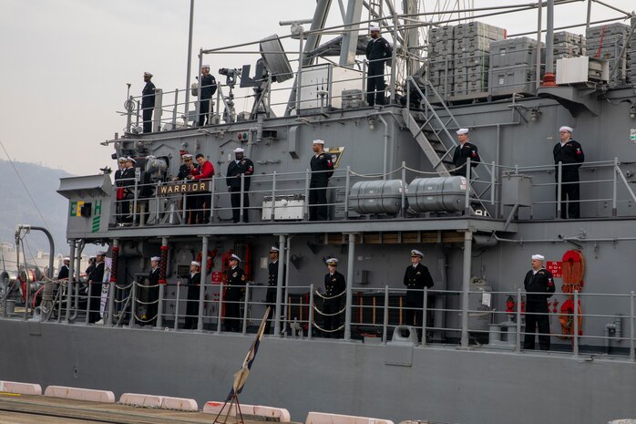 KOBE, Japan (March, 24 2025) – USS Warrior pulls into port at Kobe, Japan.