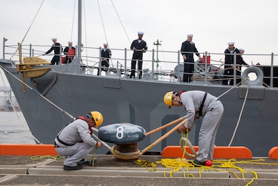 KOBE, Japan (March, 24 2025) – USS Warrior pulls into port at Kobe, Japan.