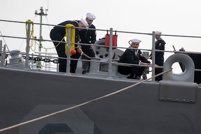 KOBE, Japan (March, 24 2025) – USS Warrior pulls into port at Kobe, Japan.