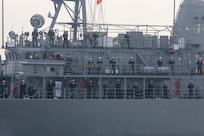 KOBE, Japan (March, 24 2025) – USS Warrior pulls into port at Kobe, Japan.