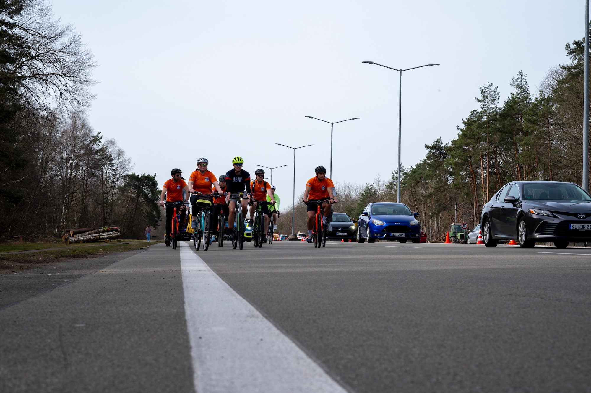 Participants of Grant’s Ride, an annual memorial ride in honor of U.S. Staff Sgt. Grant Davis, a member of the 76th Airlift Squadron who passed away in a cycling accident, return to Ramstein Air Base, Germany, March 21, 2025.