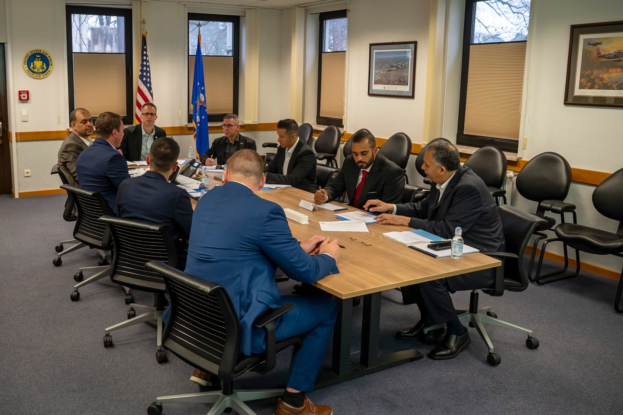 Participants of the Air Forces Central Chiefs Summit discuss the future of international professional military education (PME) in the U.S. Central Command (CENTCOM) area of responsibility at Ramstein Air Base, Germany, Feb. 12, 2025.