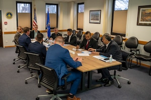 Participants of the Air Forces Central Chiefs Summit discuss the future of international professional military education (PME) in the U.S. Central Command (CENTCOM) area of responsibility at Ramstein Air Base, Germany, Feb. 12, 2025.