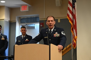 U.S. Air Force Master Sgt. Steven Richard, 106th Rescue Wing Logistics Readiness Squadron Fuels Operations Supervisor, gives his remarks during his retirement ceremony at Francis S. Gabreski Air National Guard Base, Westhampton Beach, N.Y., March 9, 2025.