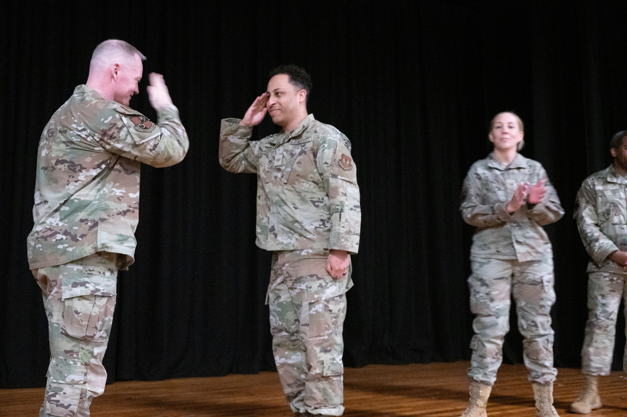 U.S. Air Force Col. D. Landon Phillips, 501st Combat Support Wing (CSW) commander, recognizes a Pathfinder during an all-call