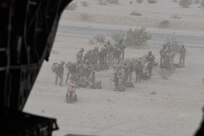 In the chilly, dusty morning at Fort Irwin, California, aka the “Sandbox,” March 11, 2025, four Oregon Army National Guard CH-47F “Chinook" helicopters load Soldiers from the 82nd Airborne Division’s Combat Aviation Brigade.