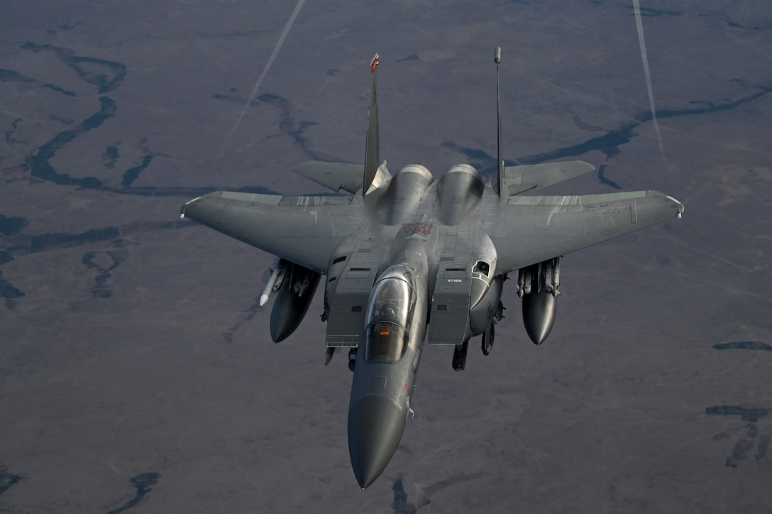 A U.S. Air Force F-15E Strike Eagle flies over the U.S. Central Command area of responsibility. The F-15E Strike Eagle provides the capability to counter violent extremist organizations within the CENTCOM AOR through its powerful air-to-ground weapons. (U.S. Air Force photo by Staff Sgt. Gerald R. Willis)