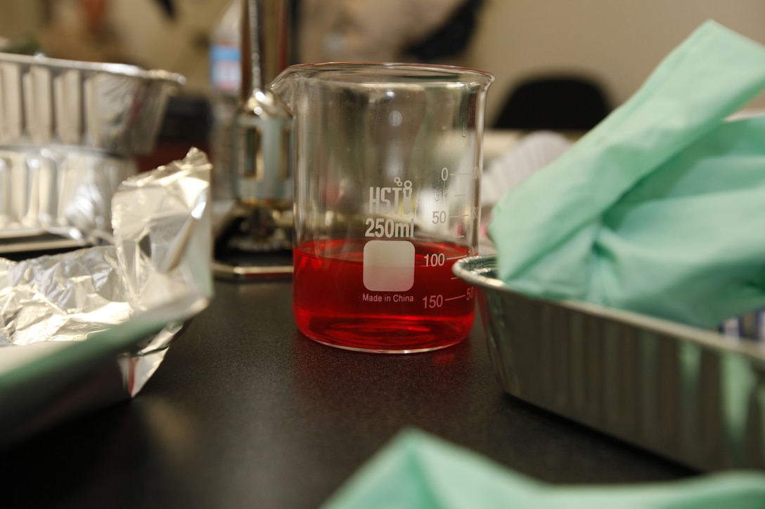 Viles and beakers were set up during a mock terrorist laboratory for Chemical, biological, radiological and nuclear defense Marines to test and analize for the sight commander at the CBRN facility June 15. The Marines used scanners and took samples to bring back to the incident commander, Sgt. Jeremy Williams.