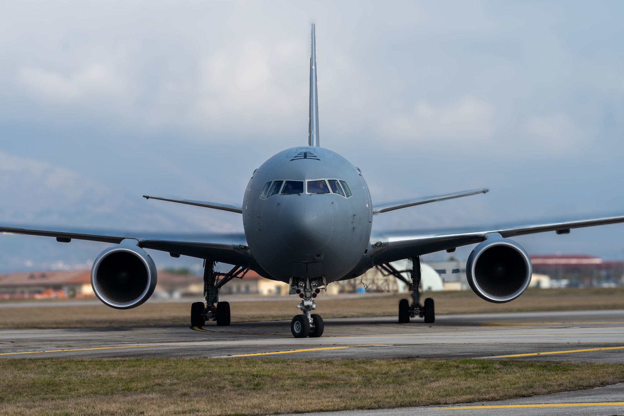 A KC-46A Pegasus assigned to McConnell Air Force Base, Kansas, taxis during exercise Fighting Wyvern 25-01, a large-scale combat readiness exercise at Aviano Air Base, Italy, March 12, 2025. McConnell Airmen provided air refueling support for the 31st Fighter Wing’s fighters. (U.S. Air Force photo by Airman 1st Class Paula Arce)