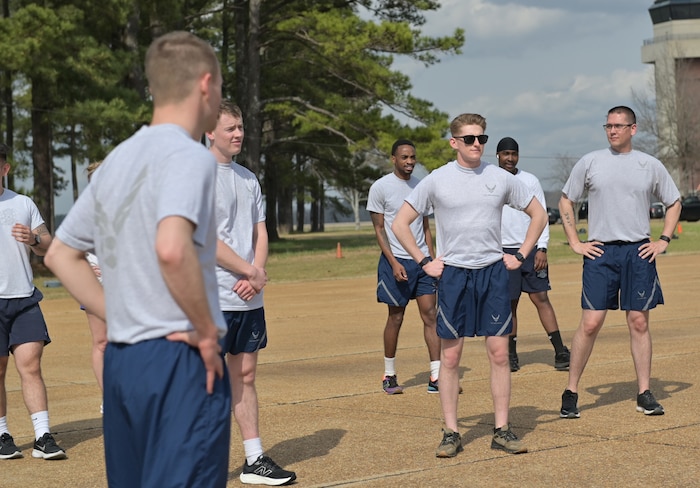 14th Civil Engineering Squadron Airmen, prepare for warm-ups during a readiness exercise at Columbus Air Force Base, Mississippi, March. 13, 2025.